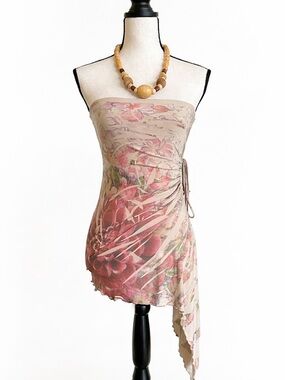Vintage Strapless Floral Ruched Asymmetrical Top 90s Y2K | Small